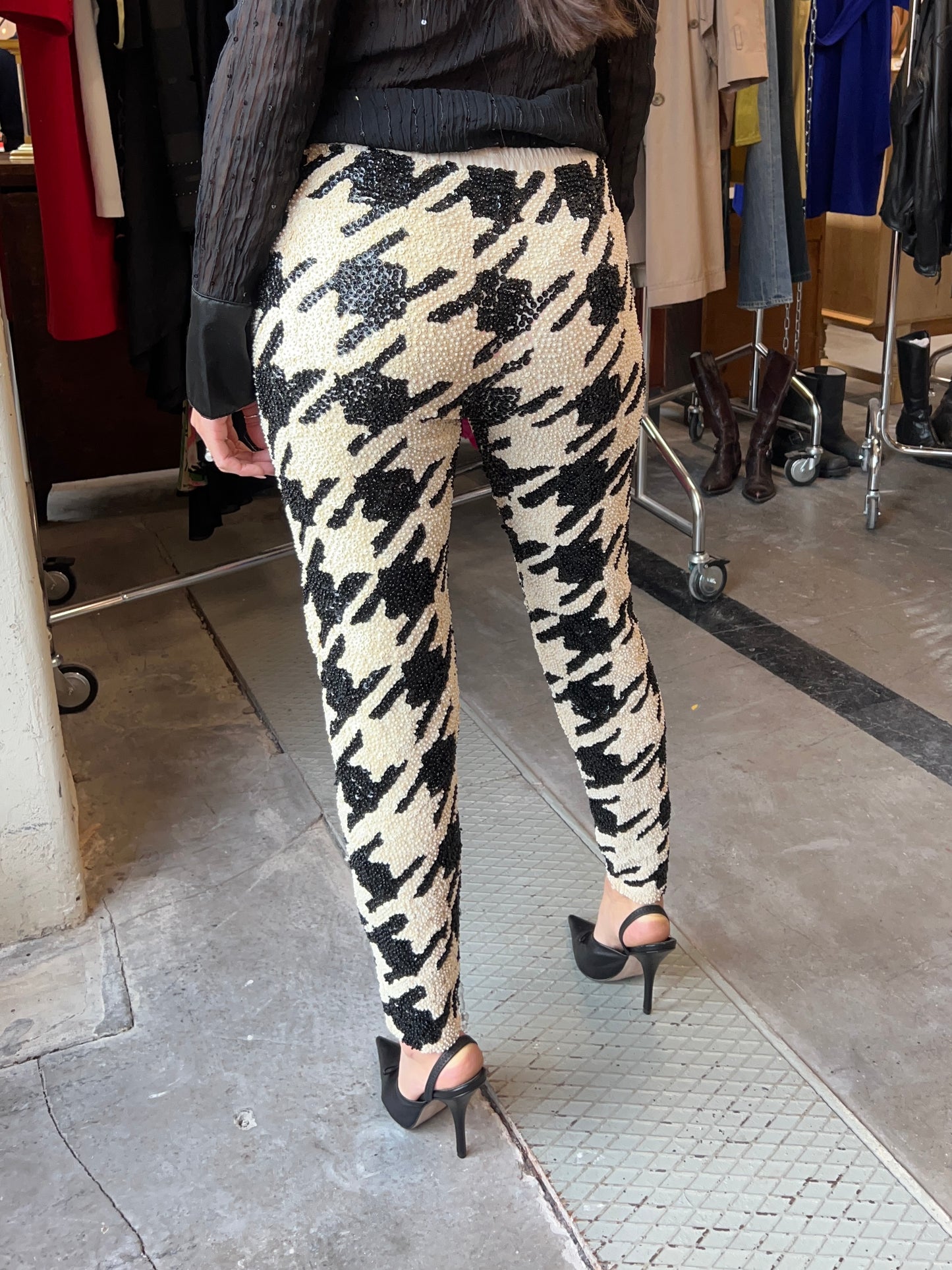 Houndstooth embellished Italian Sequin pants