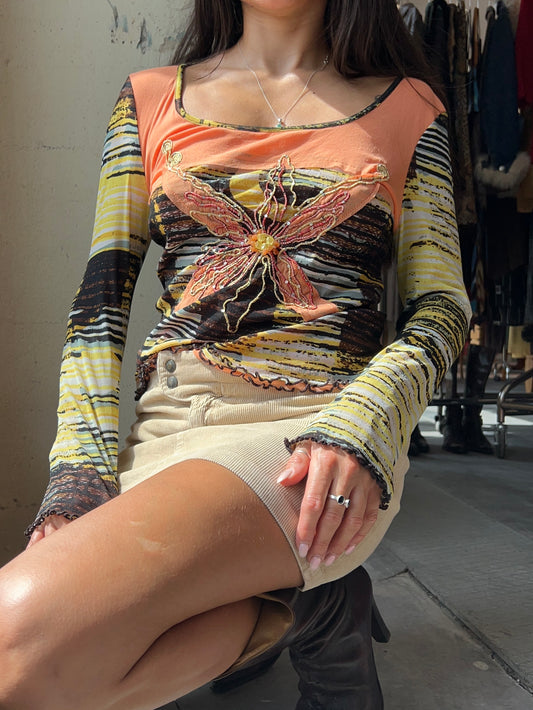 Striped Butterfly Mesh Top Y2K