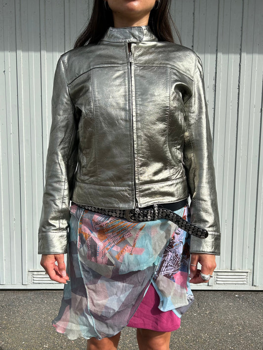 Silver Leather Jacket Y2K