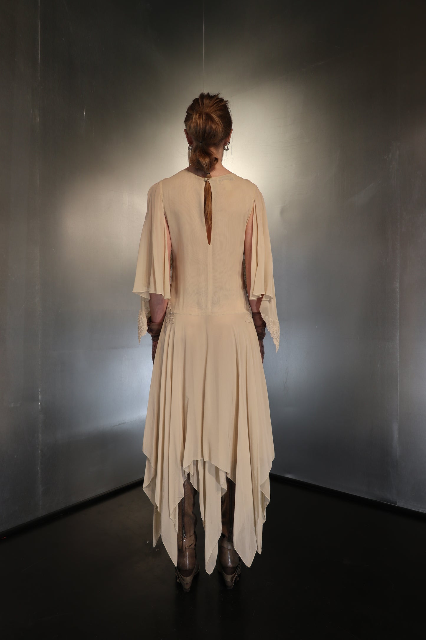 Asymmetrical Angel Sleeve Silk Dress, 1970s