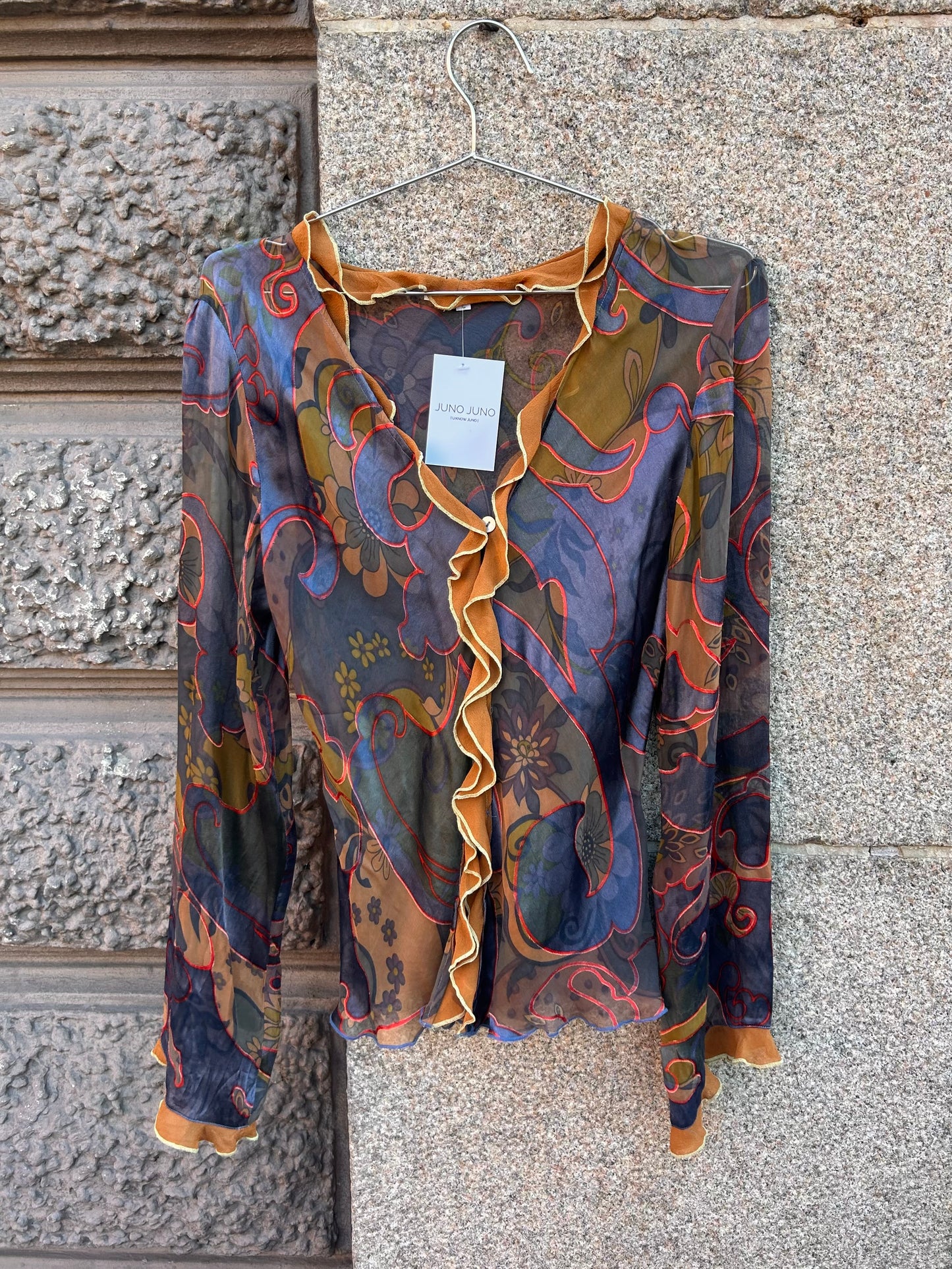 Frill long sleeve silk blouse