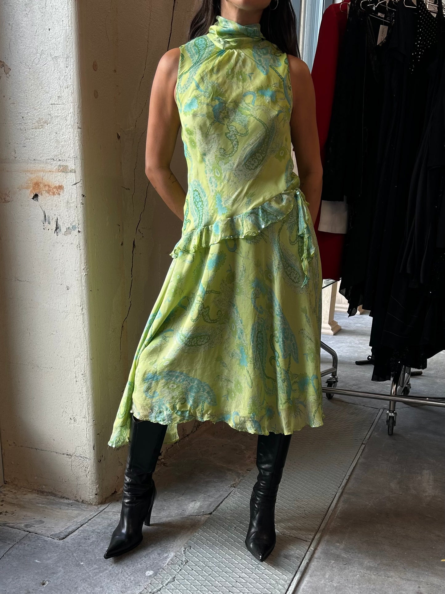Green silk floral dress