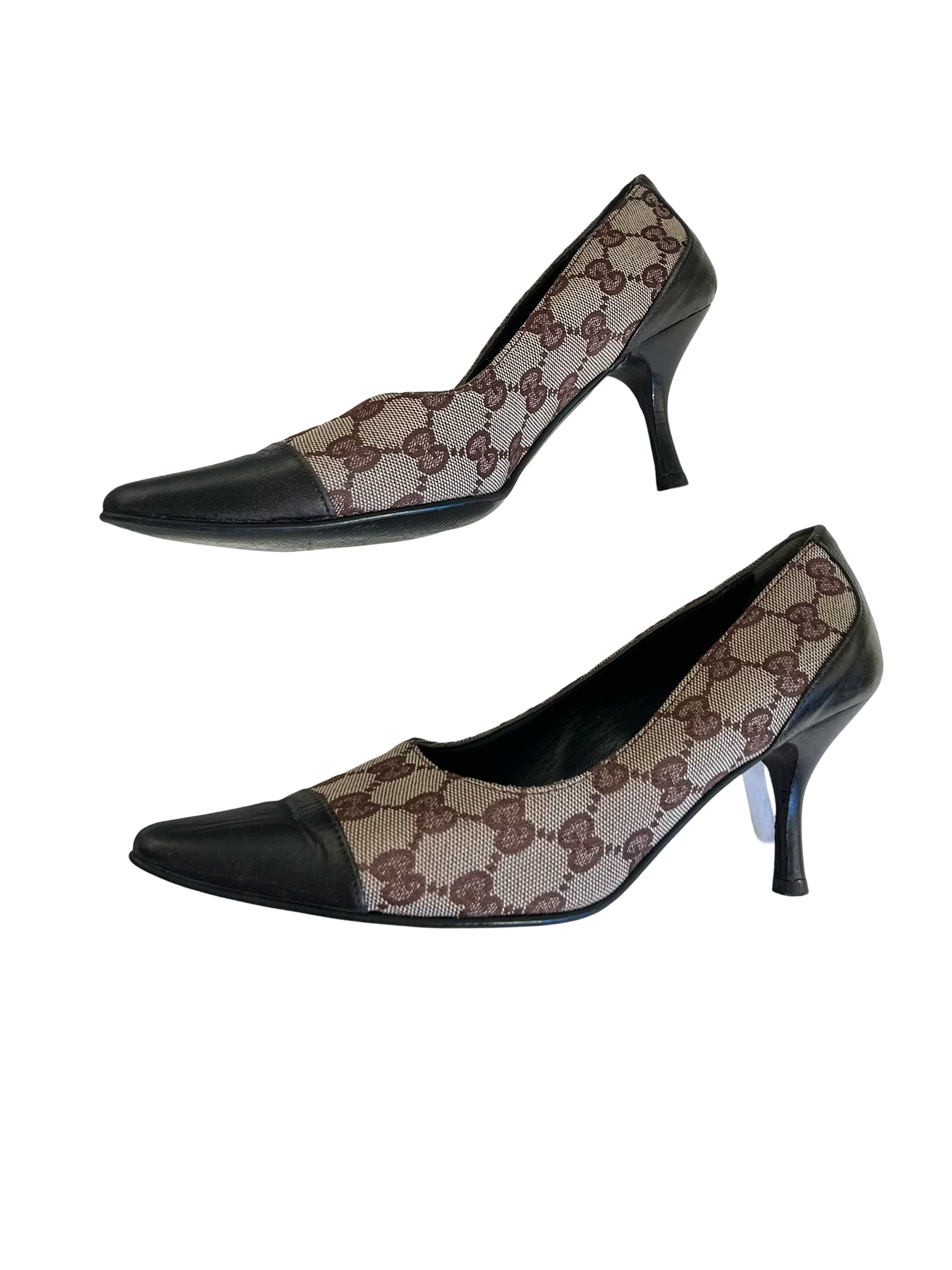 Gucci brown leather and monogram heels