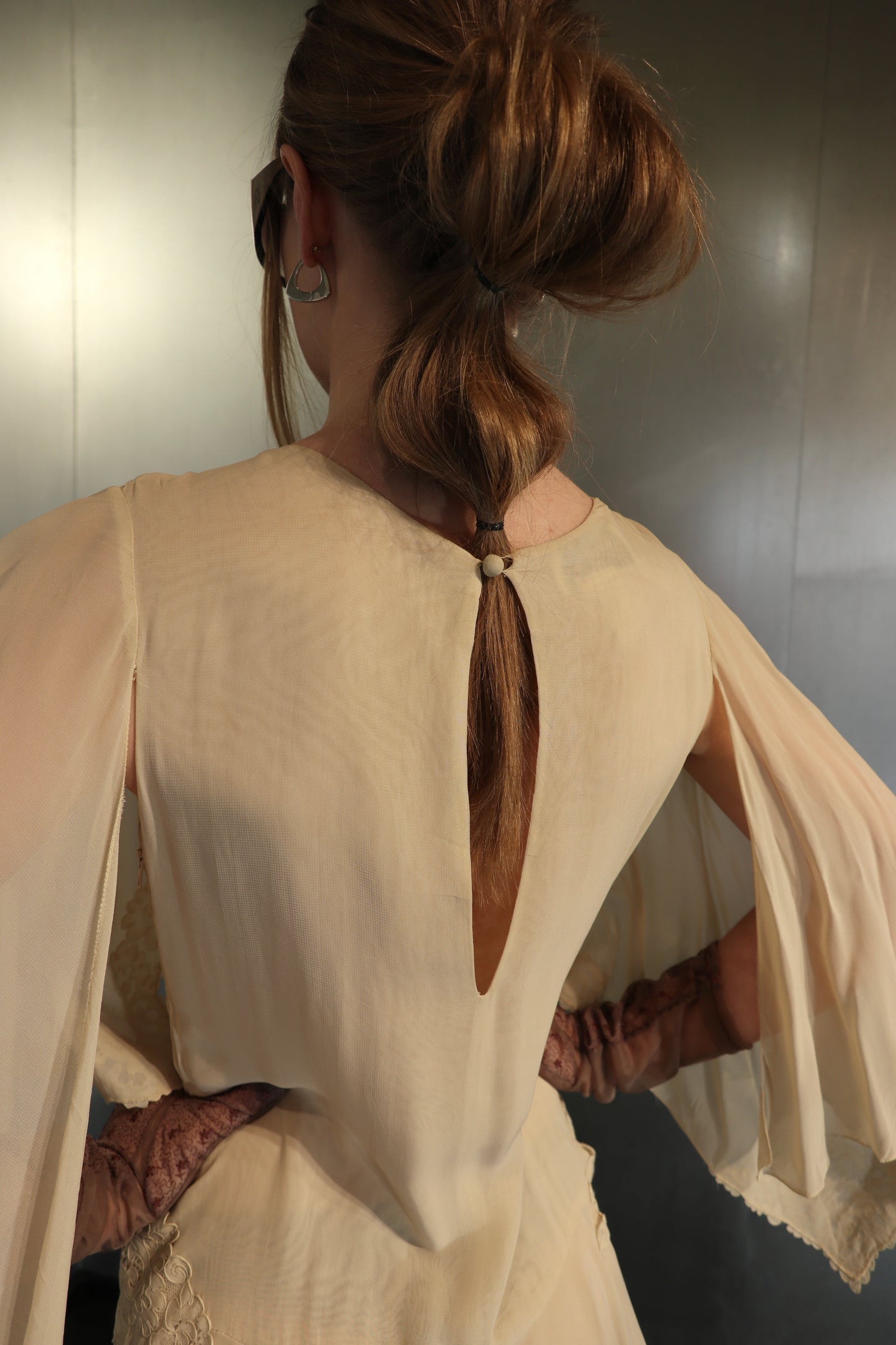 Asymmetrical Angel Sleeve Silk Dress, 1970s