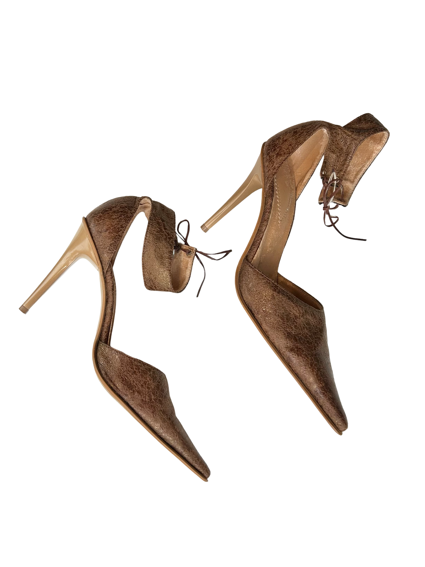 Distressed look ankle strap stilettos