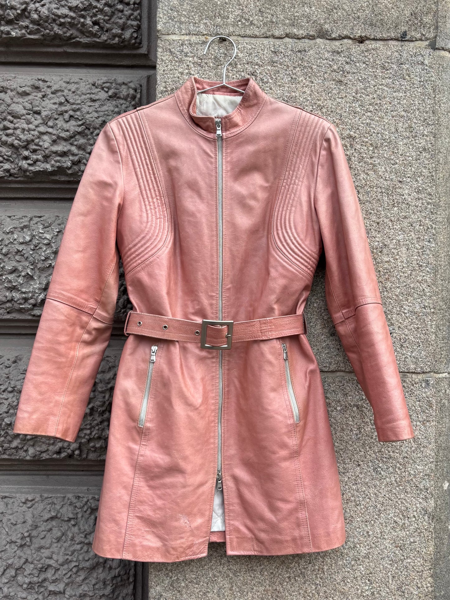 Dusty Pink mid biker leather coat