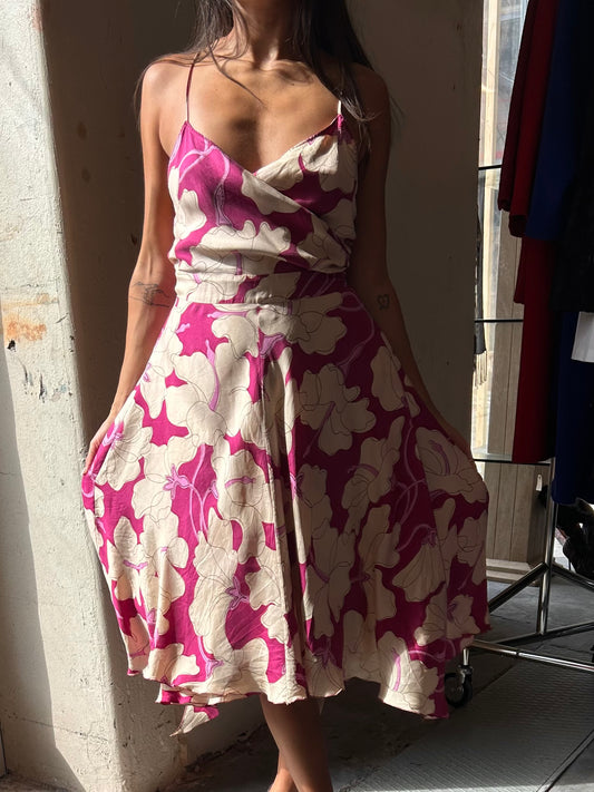 MOSCHINO fuchsia floral wrap silk dress