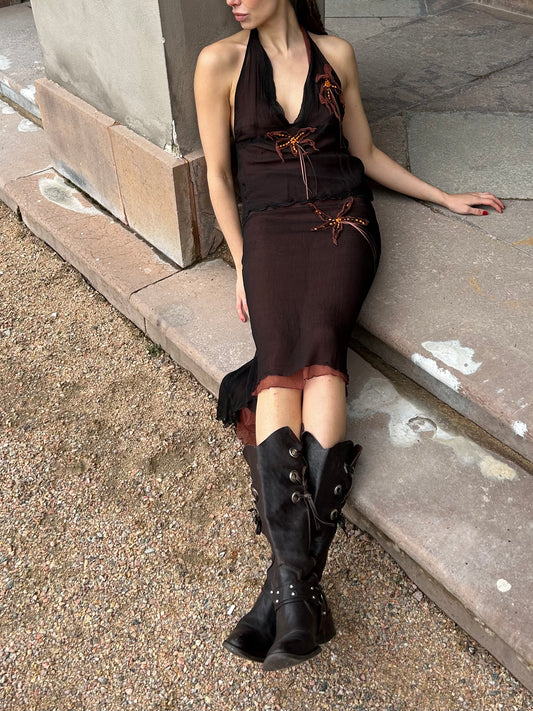 Silk skirt and backless top set