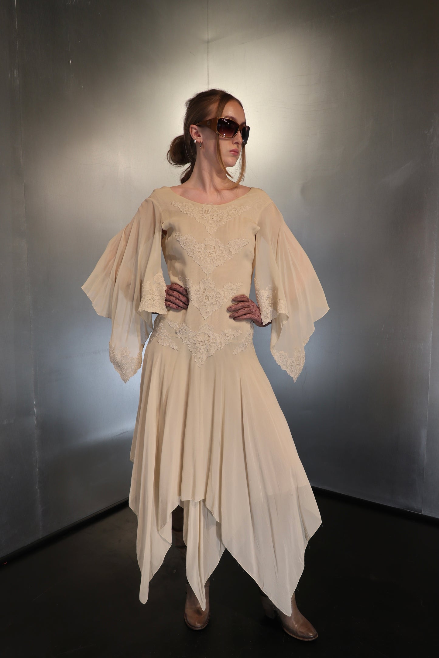 Asymmetrical Angel Sleeve Silk Dress, 1970s