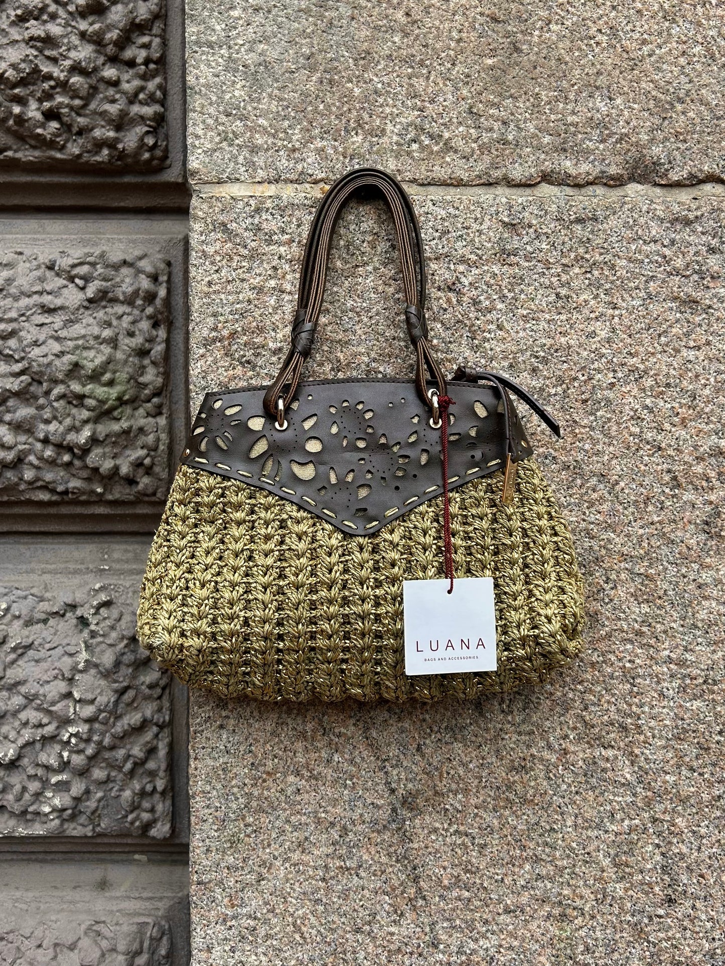 LUANA chocolate leather bamboo Borsa Pilar handbag