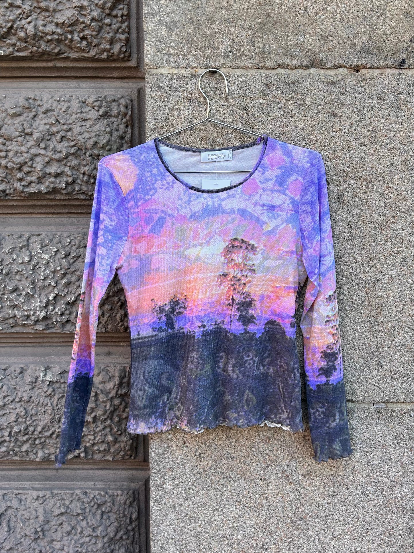 Graphic forest mesh top