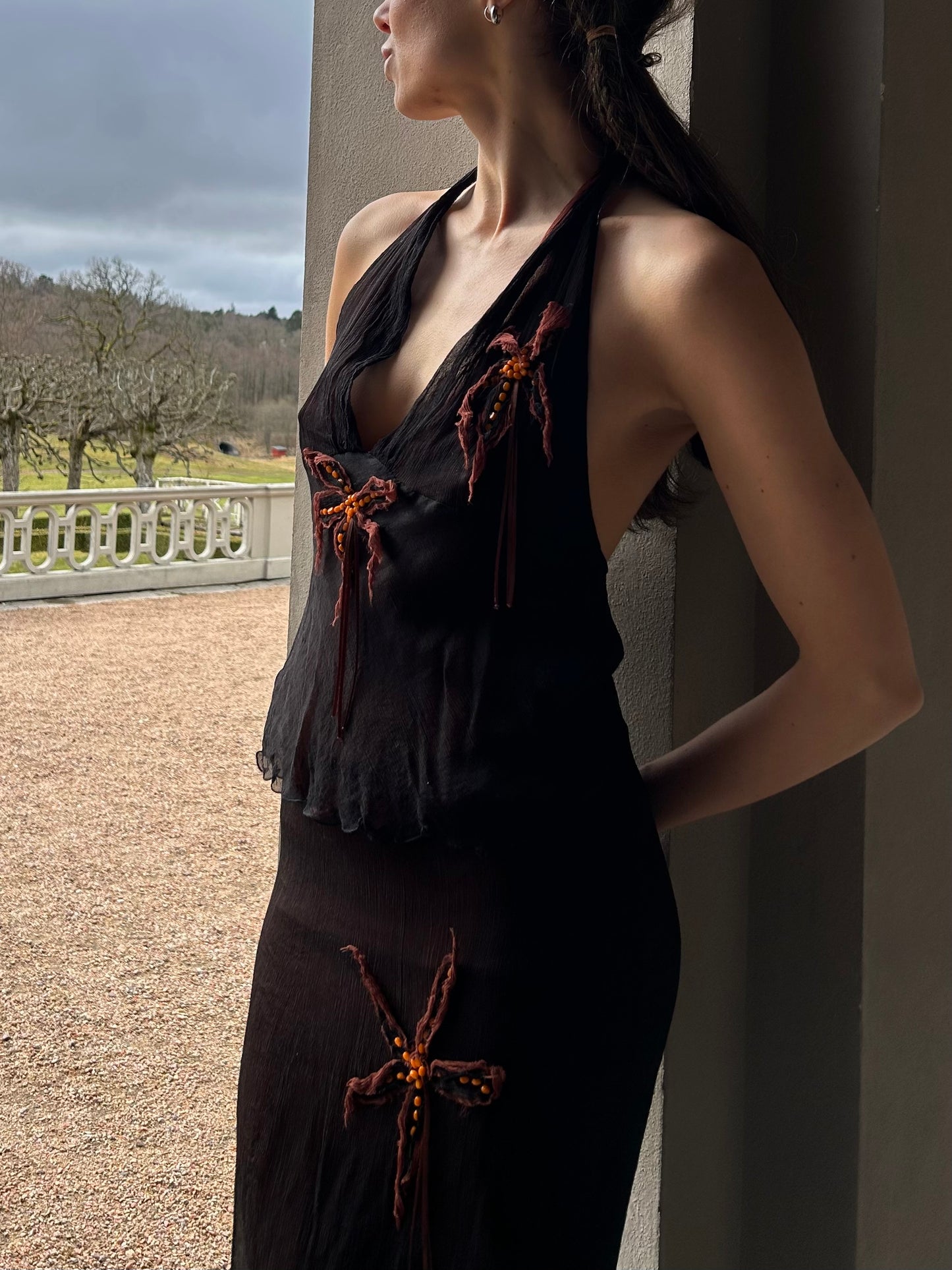 Silk skirt and backless top set