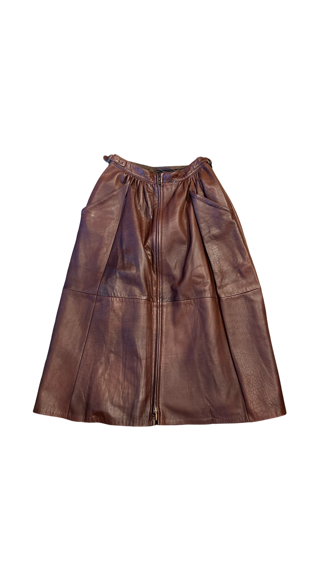 Zipper detailed deep brown leather skirt