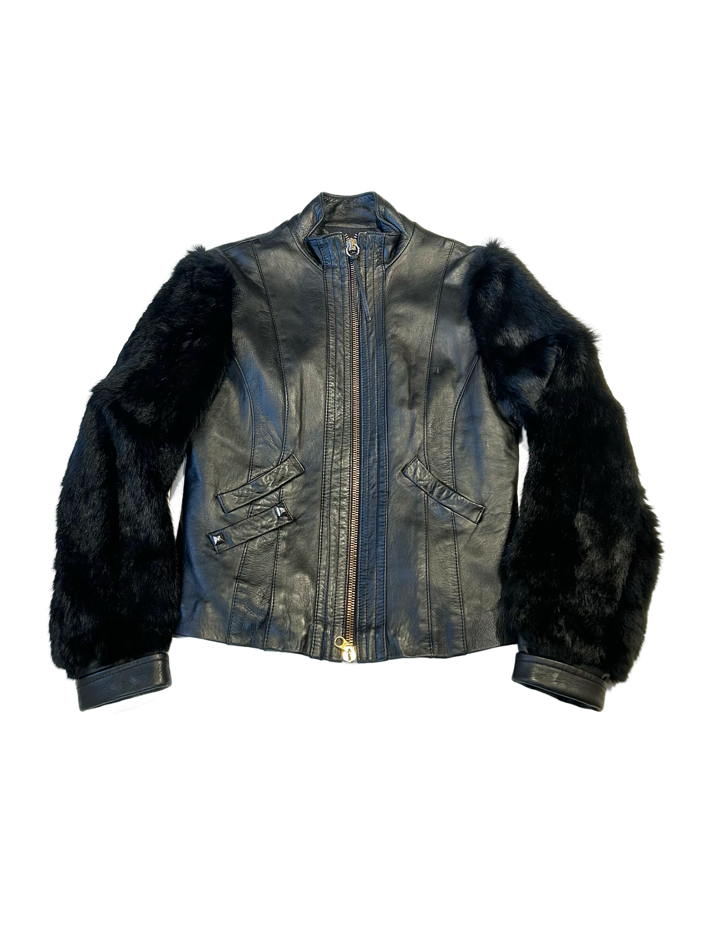 KOR@KOR fur covered sleeve leather jacket