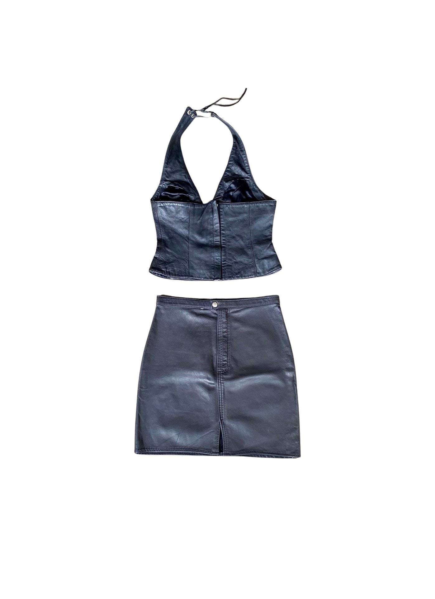 BLACK LEATHER HALTER-NECK SET 90’s
