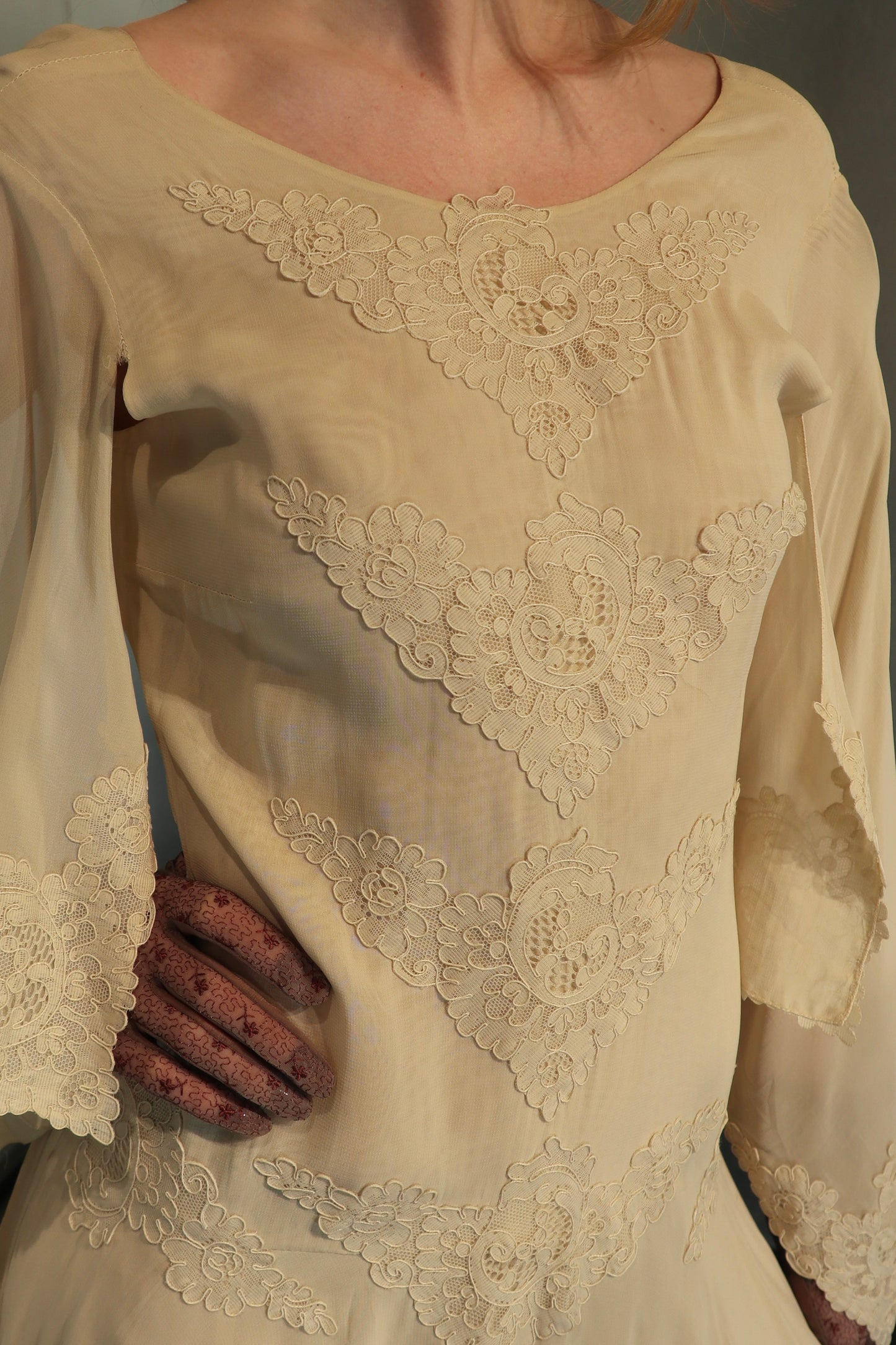 Asymmetrical Angel Sleeve Silk Dress, 1970s