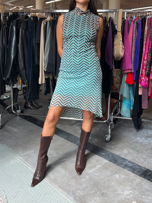 Asymmetrical mesh zig zag polo dress