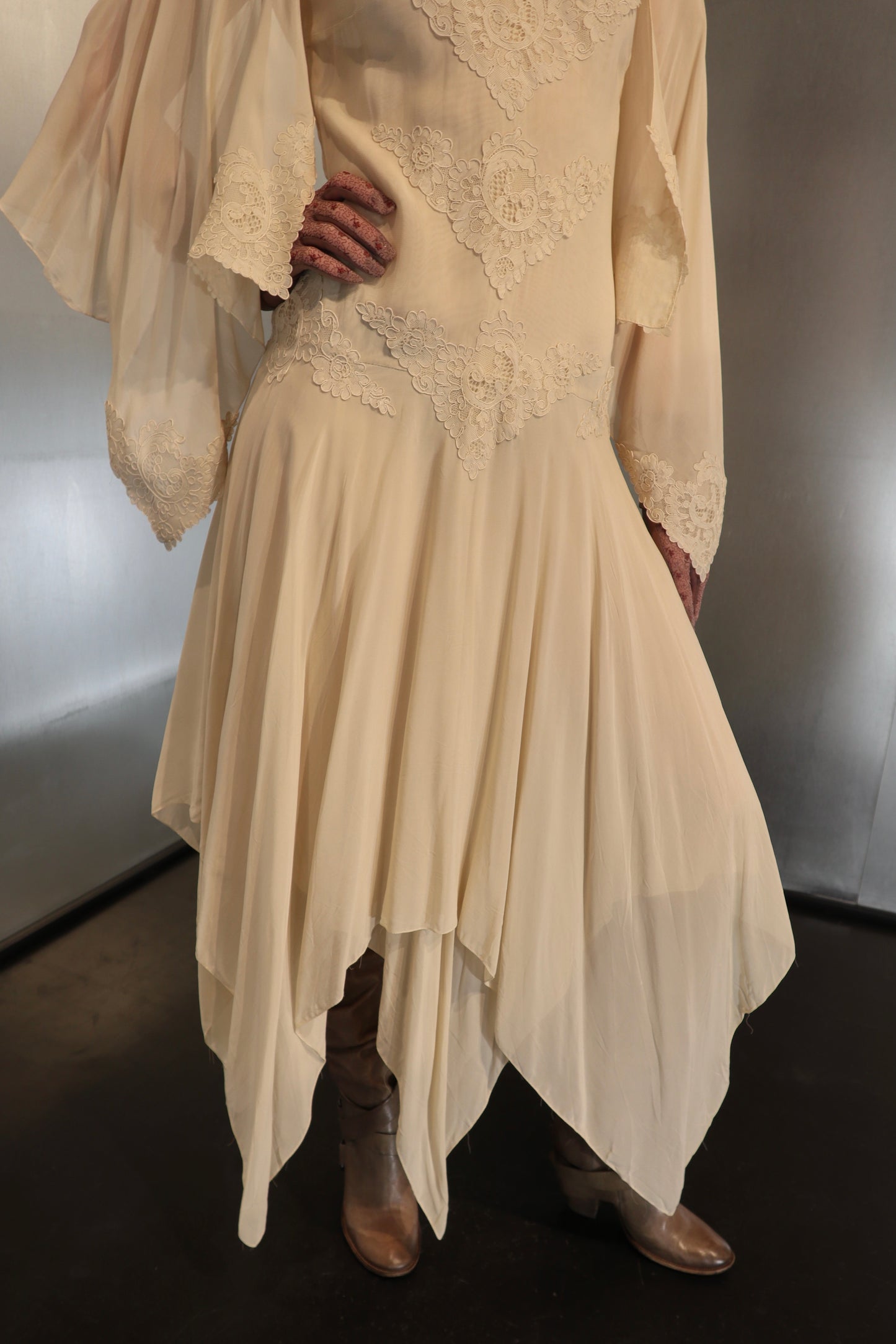 Asymmetrical Angel Sleeve Silk Dress, 1970s