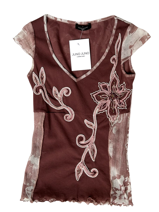 Romantic dusty pink flower mesh top