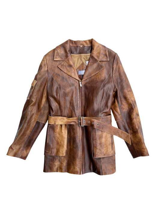 Brown belted leather coat jacket