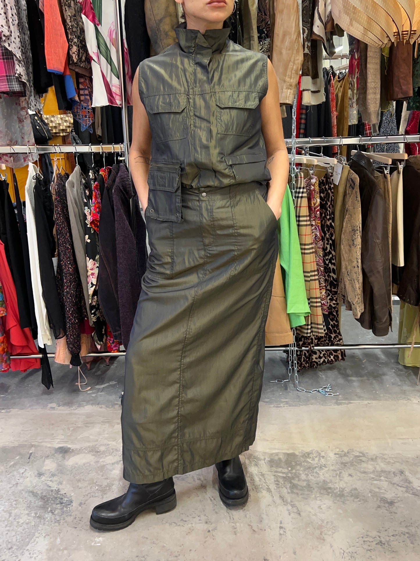 Dark Green Utility Vest & Skirt Set