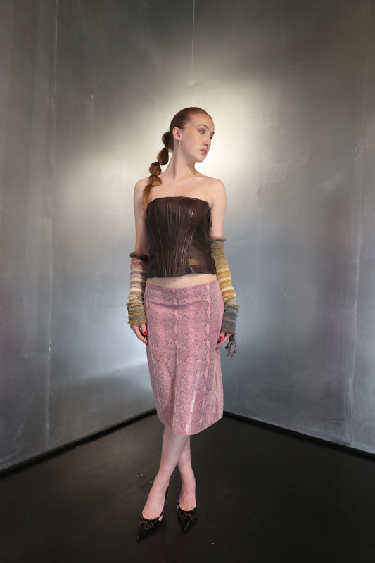 Pink Snakeskin print leather pencil skirt