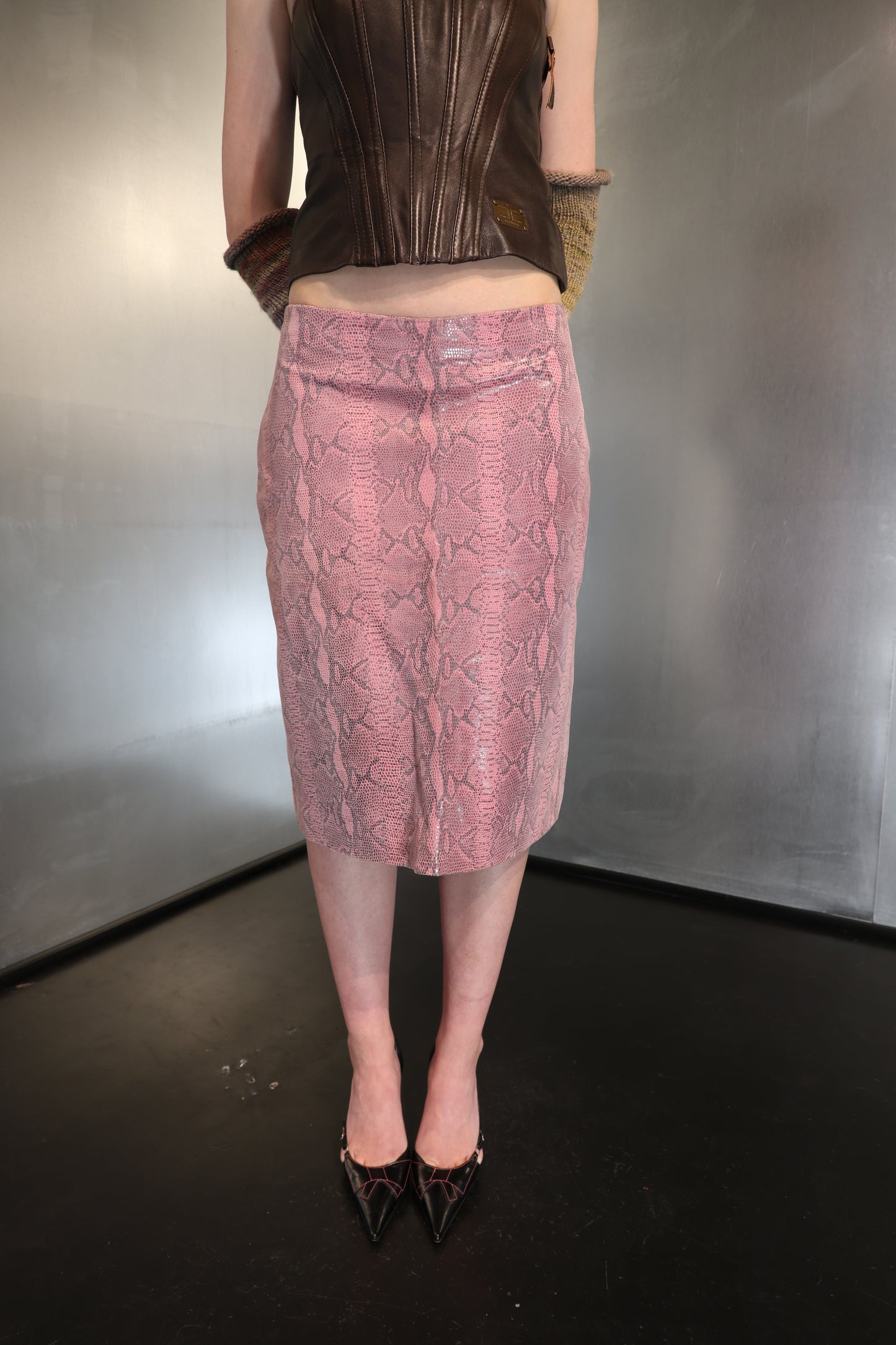 Pink Snakeskin print leather pencil skirt