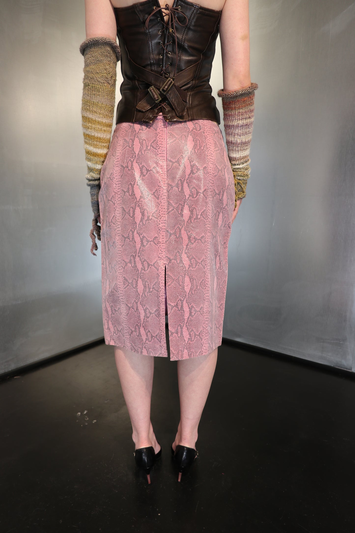 Pink Snakeskin print leather pencil skirt