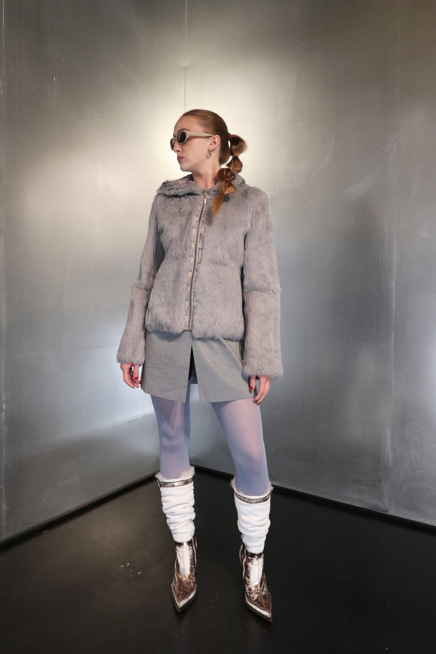 John Galliano Newspaper Lined Rabbit Fur Hooded Jacket