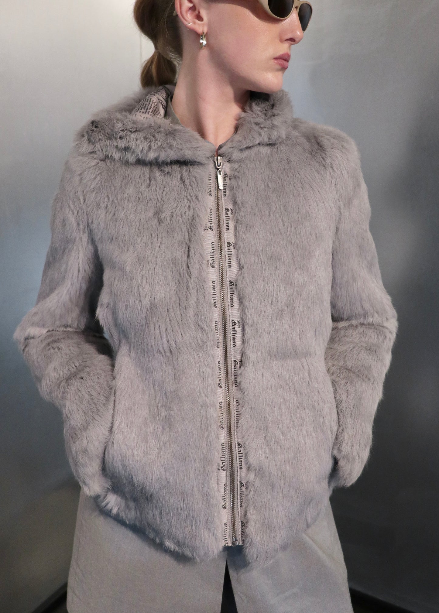 John Galliano Newspaper Lined Rabbit Fur Hooded Jacket