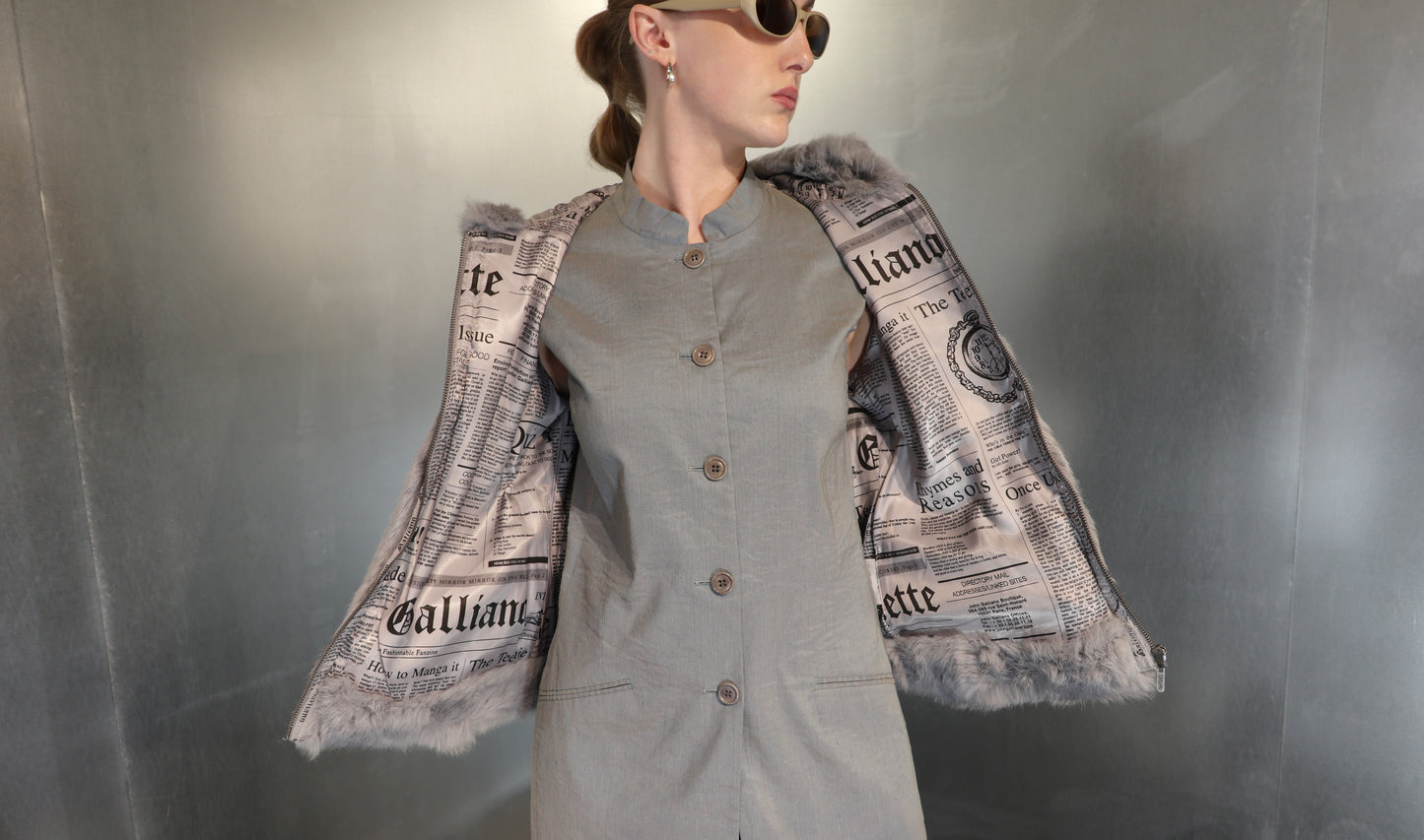 John Galliano Newspaper Lined Rabbit Fur Hooded Jacket