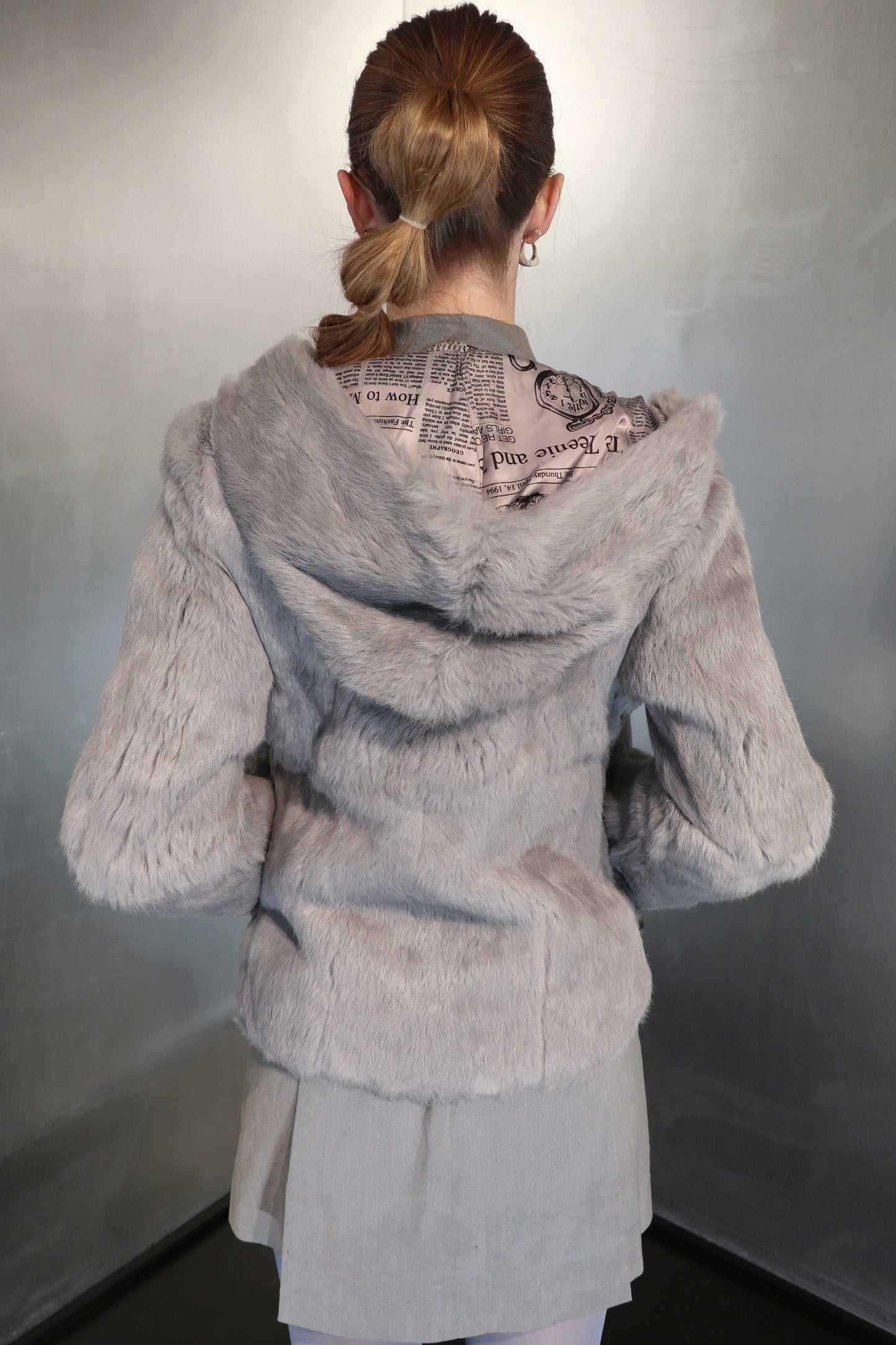John Galliano Newspaper Lined Rabbit Fur Hooded Jacket