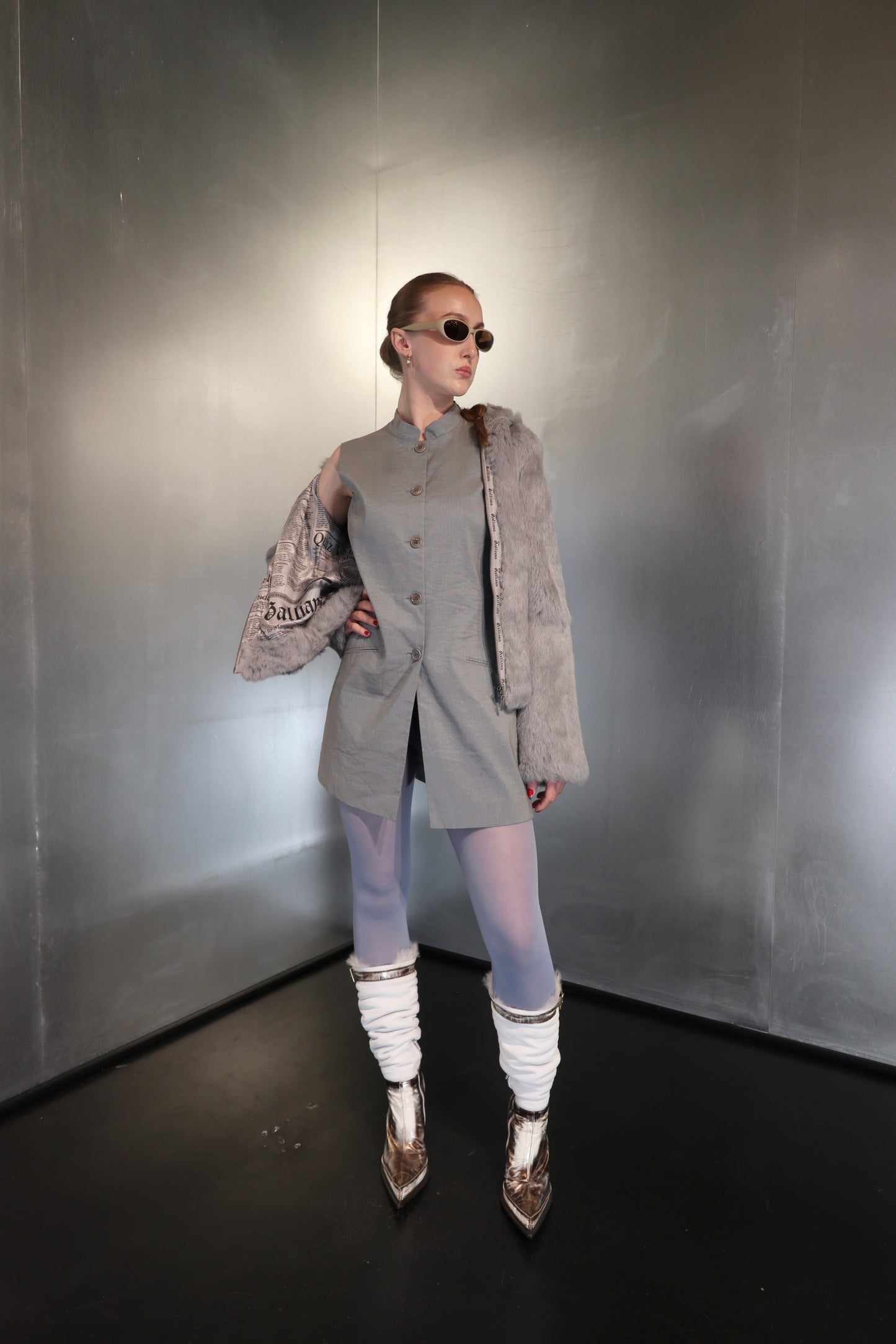 John Galliano Newspaper Lined Rabbit Fur Hooded Jacket