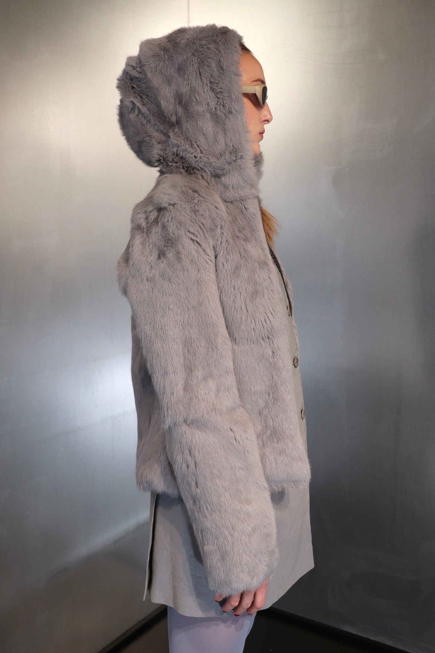 John Galliano Newspaper Lined Rabbit Fur Hooded Jacket