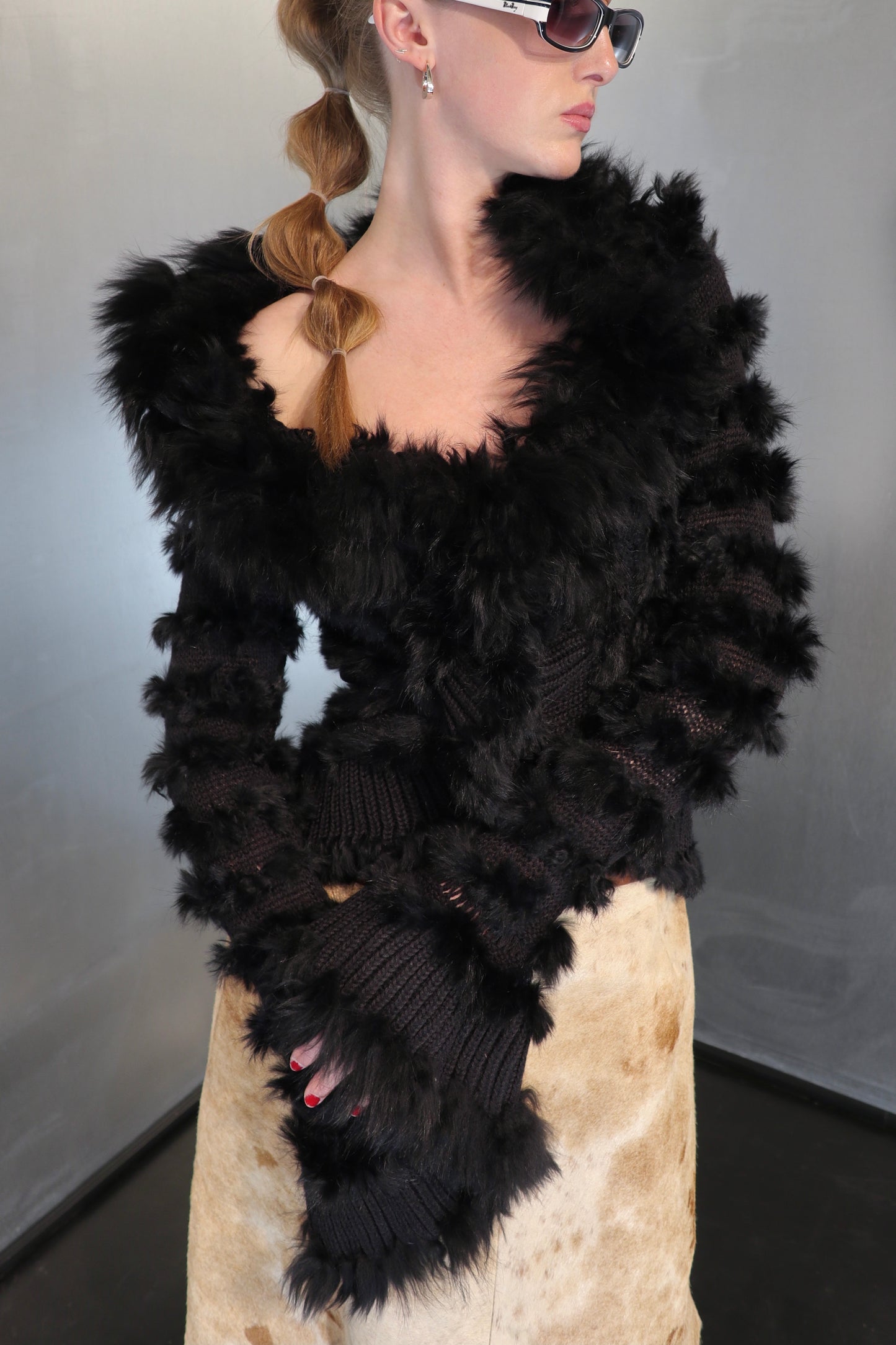 Shaggy Fur Patchwork knit cardigan