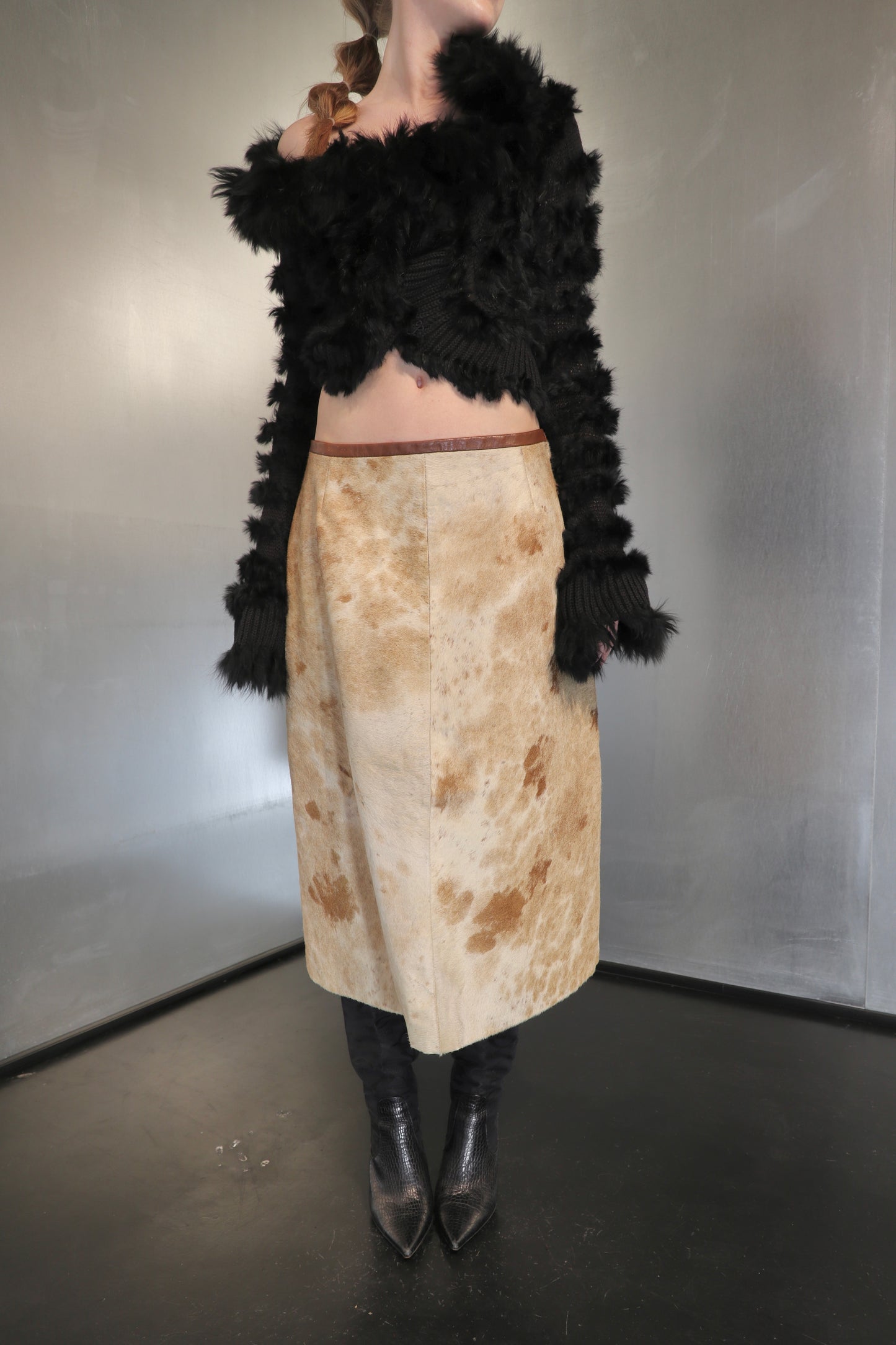 Cowhide calf hair midi skirt