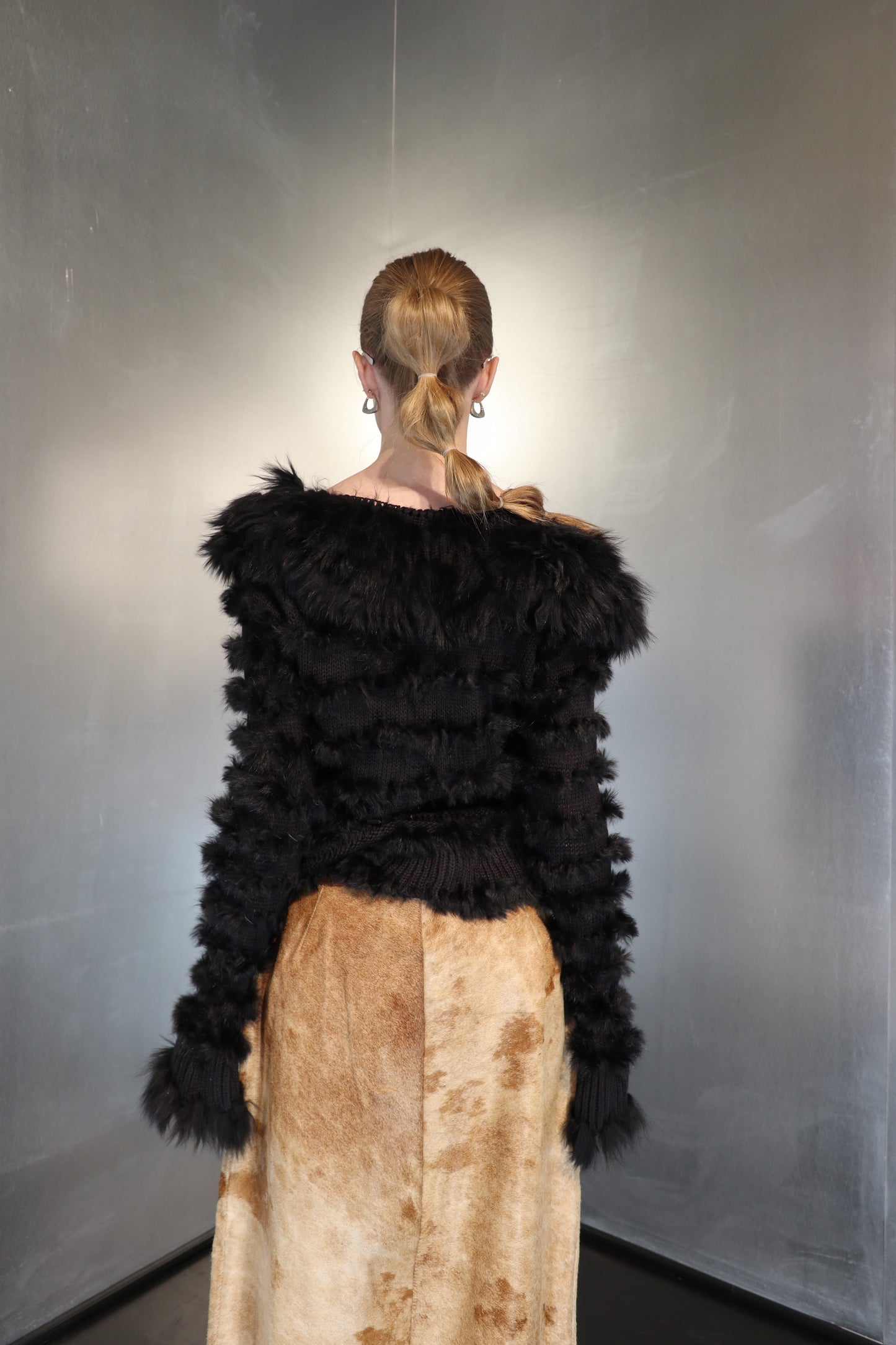 Shaggy Fur Patchwork knit cardigan