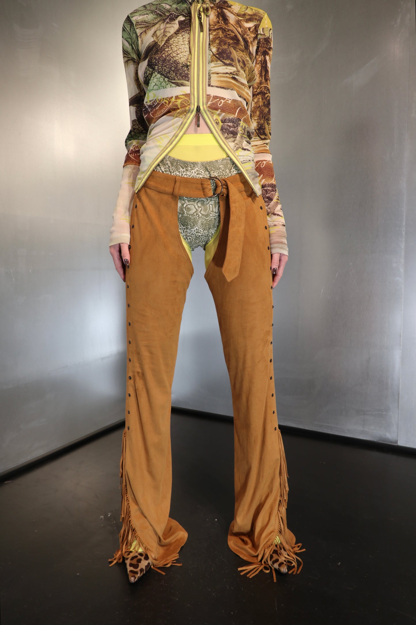 Plein Sud Jeans Faux Suede Fringe Chaps Pants