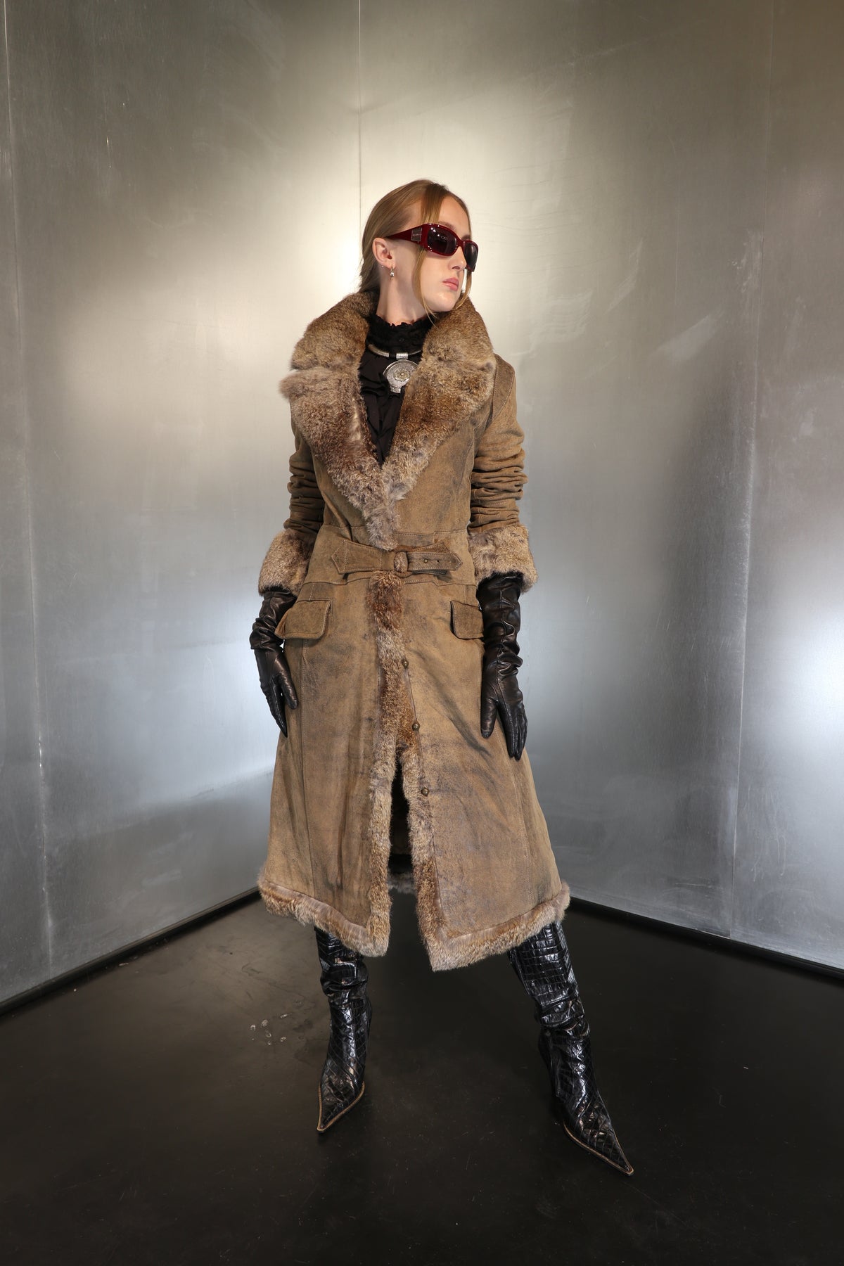 Vintage Marella Rosati Stonewashed Buckle Detail Fur Coat
