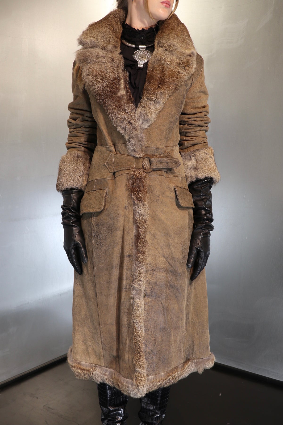 Vintage Marella Rosati Stonewashed Buckle Detail Fur Coat