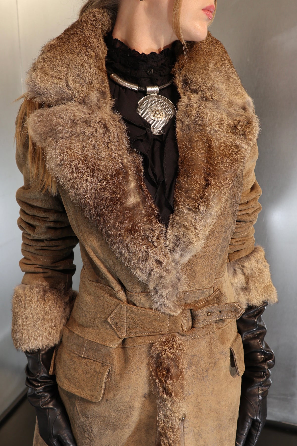 Vintage Marella Rosati Stonewashed Buckle Detail Fur Coat