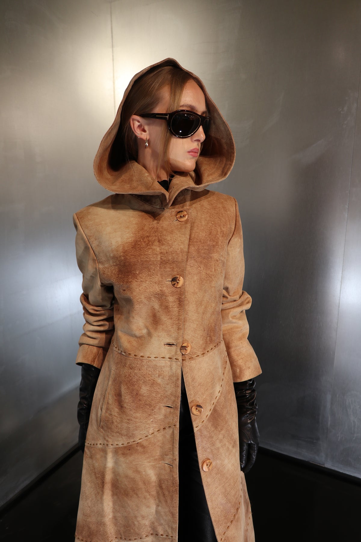 Rare A-line Leather Hooded Distressed Suede Maxi Coat