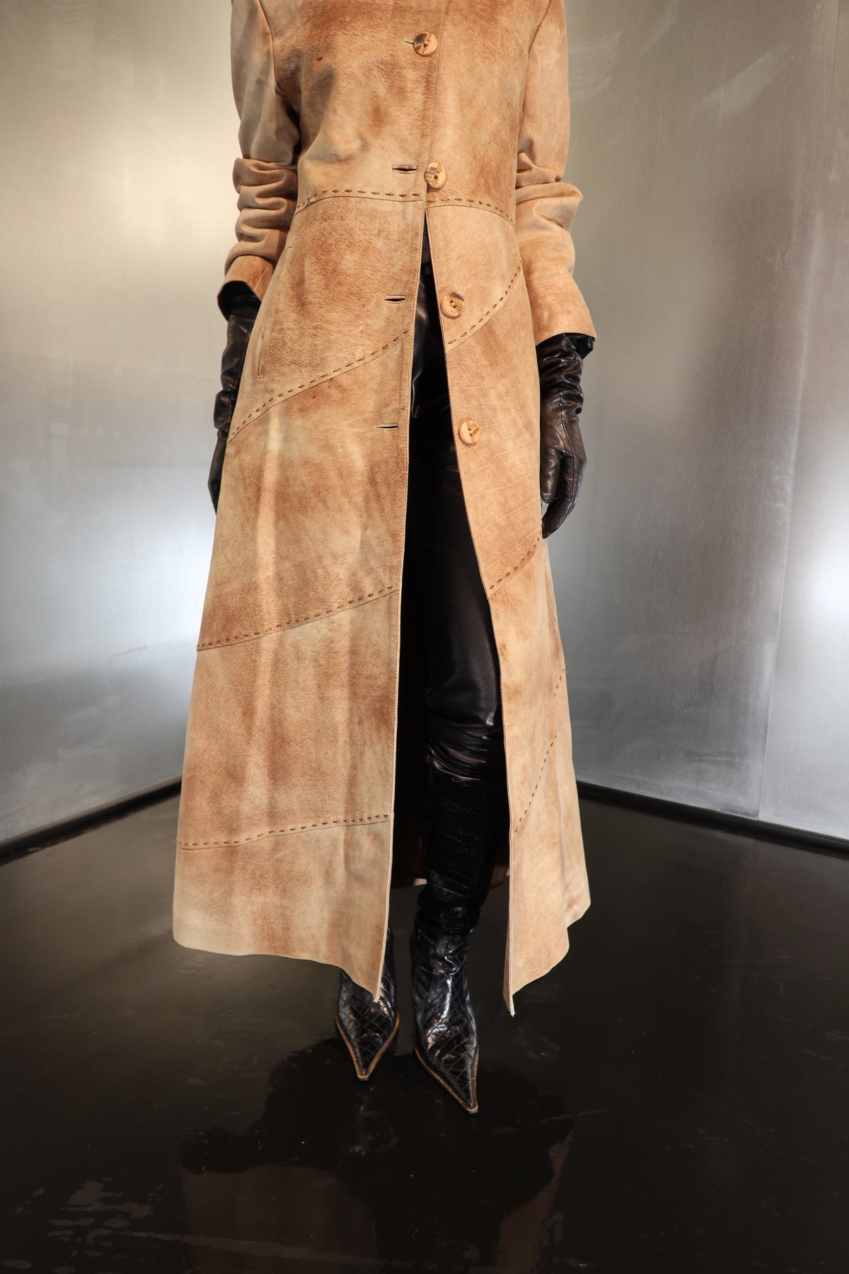 Rare A-line Leather Hooded Distressed Suede Maxi Coat