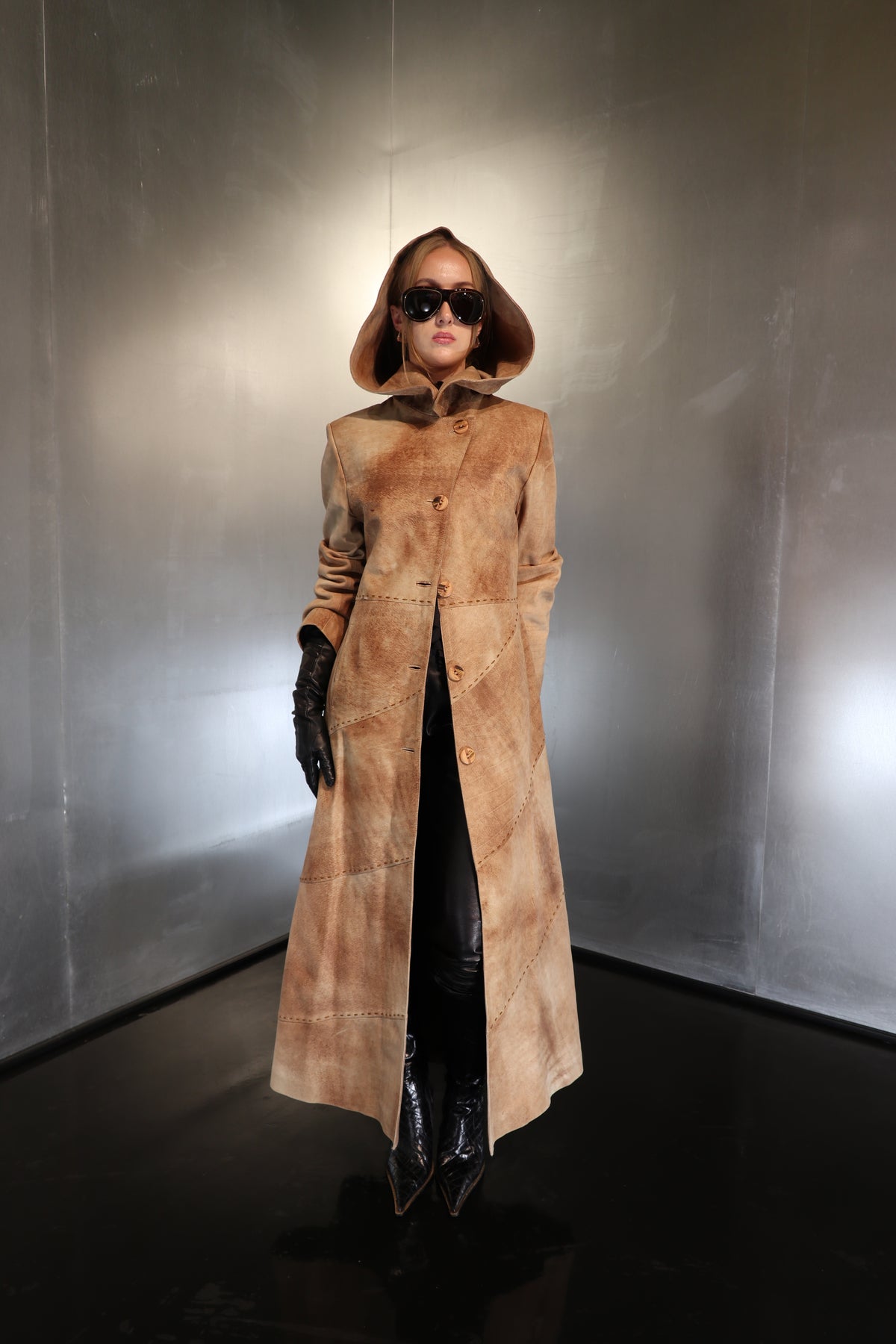 Rare A-line Leather Hooded Distressed Suede Maxi Coat