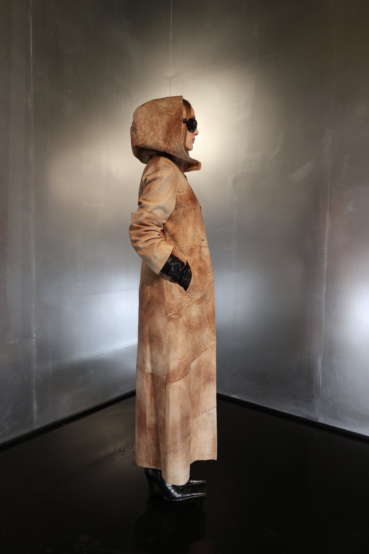 Rare A-line Leather Hooded Distressed Suede Maxi Coat
