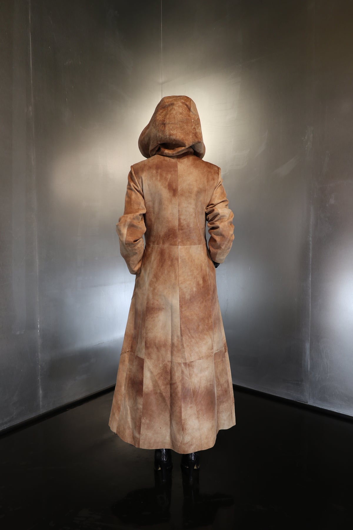 Rare A-line Leather Hooded Distressed Suede Maxi Coat