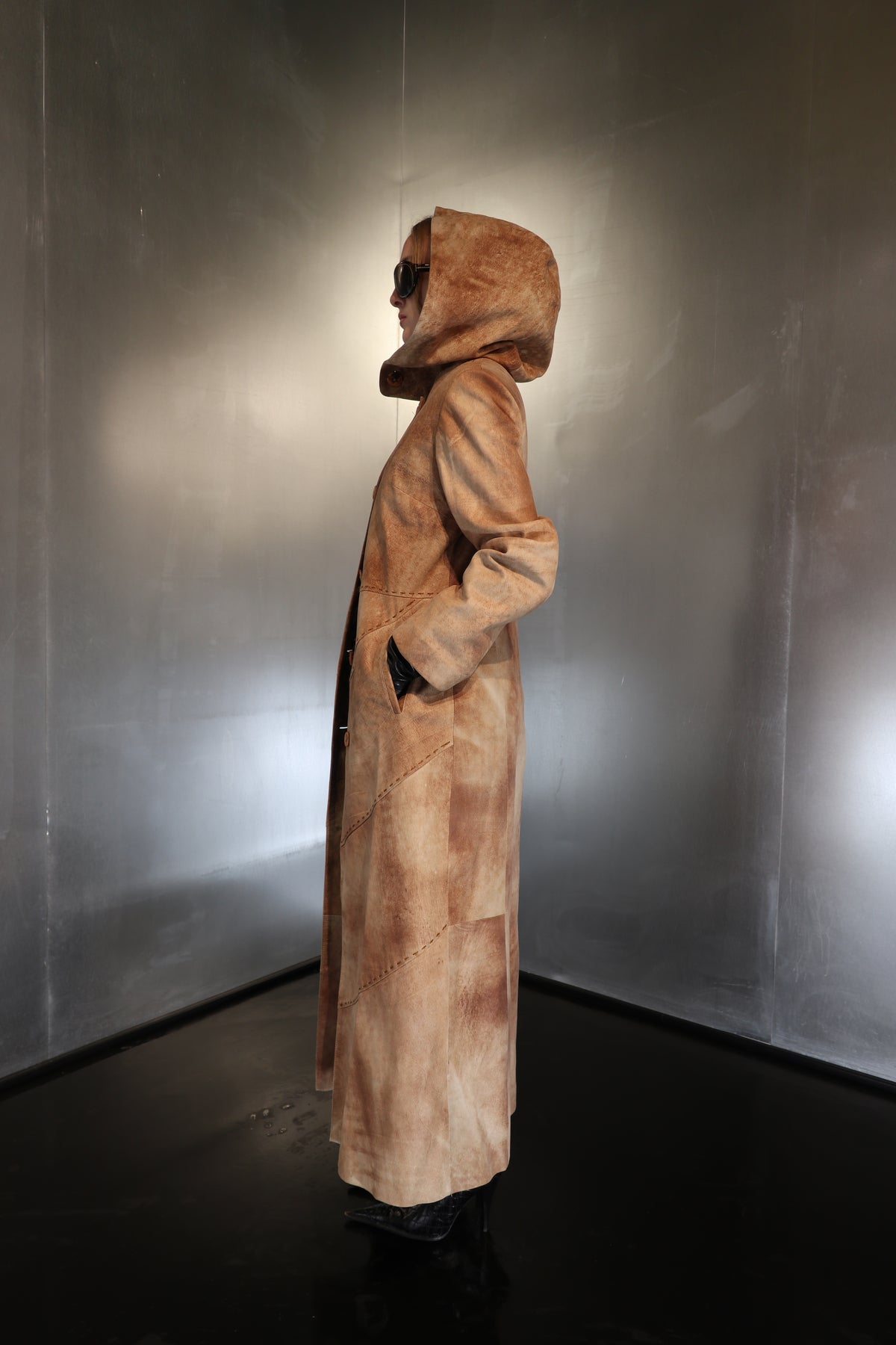 Rare A-line Leather Hooded Distressed Suede Maxi Coat