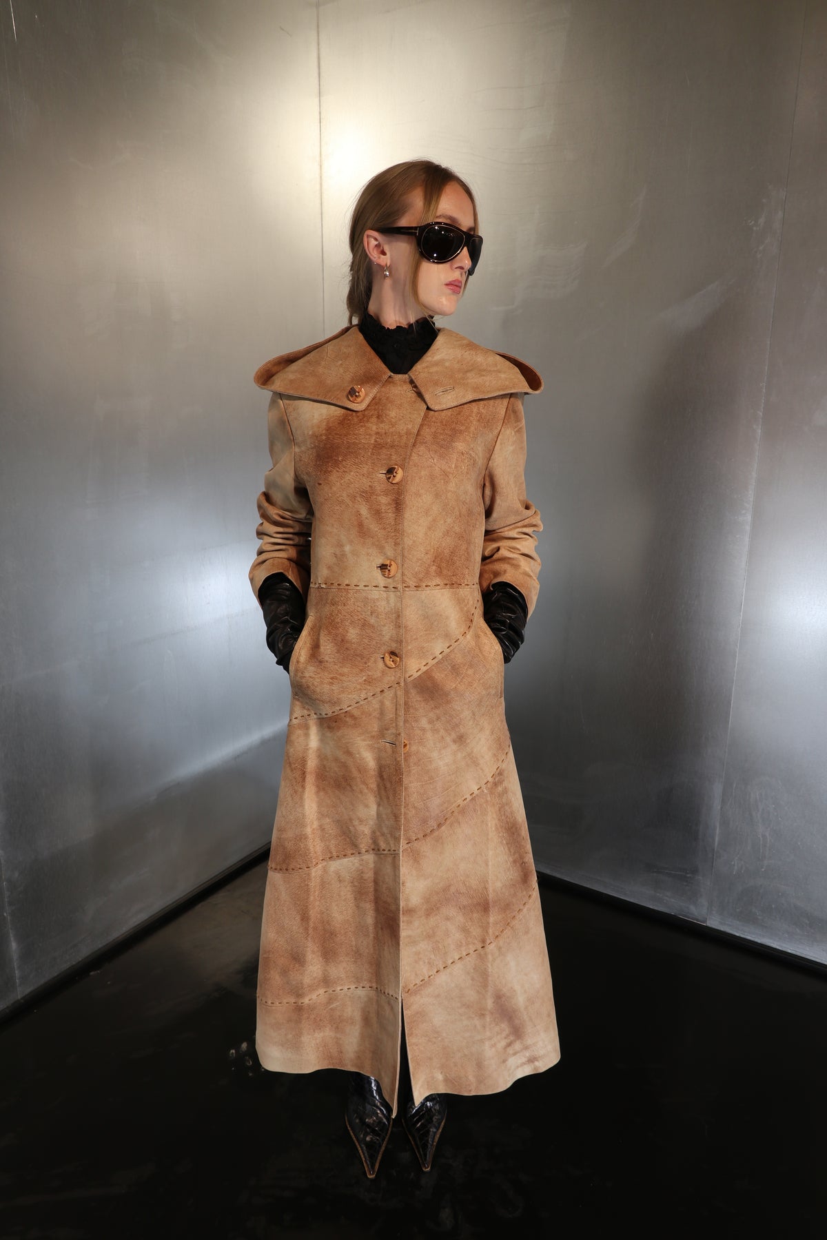 Rare A-line Leather Hooded Distressed Suede Maxi Coat