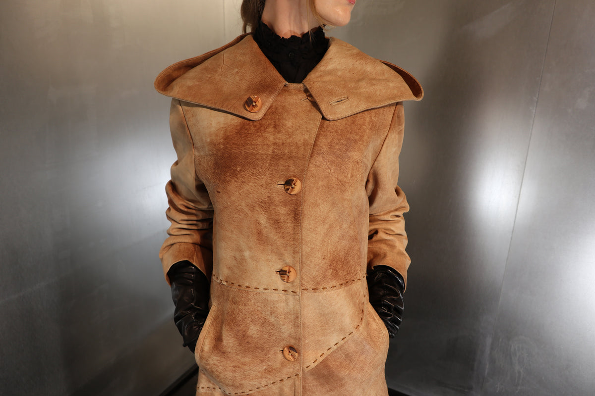 Rare A-line Leather Hooded Distressed Suede Maxi Coat