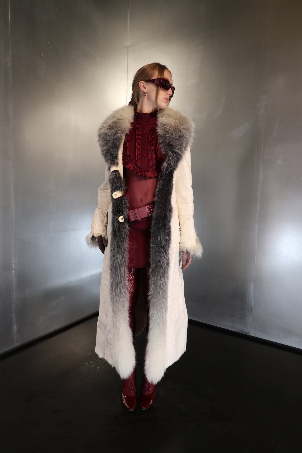 Rare Snakeskin embossed Ivory Leather Maxi Coat with Fur trim